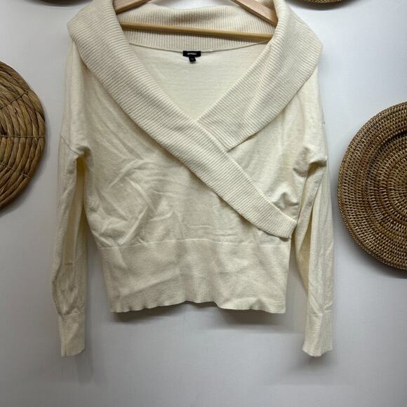 Express Neutral Off White Minimalist Ribbed Wide Boat Neck Knit Sweater Large - Picture 4 of 6